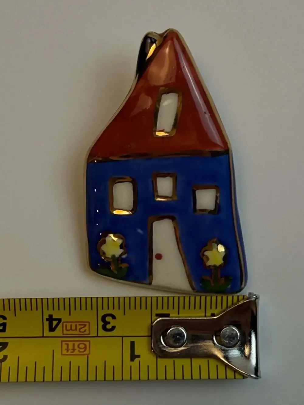 Vintage Hand-Painted Ceramic House Brooch Pin with Gold Trim
